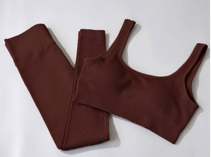 Seamless Ribbed Contour Leggings Set (Chocolate) - Empress Fitt Co.