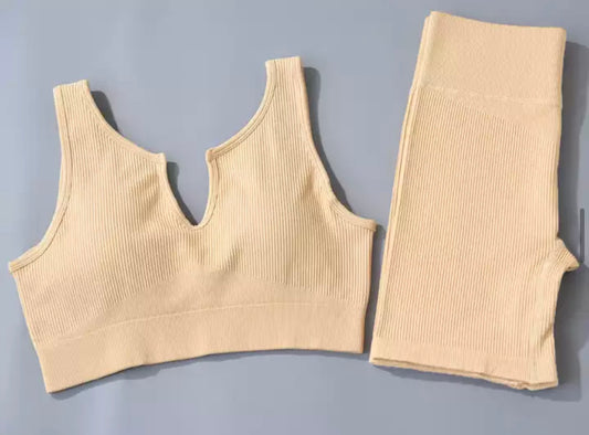 Seamless Ribbed Contour Shorts Set (Creamy) - Empress Fitt Co.