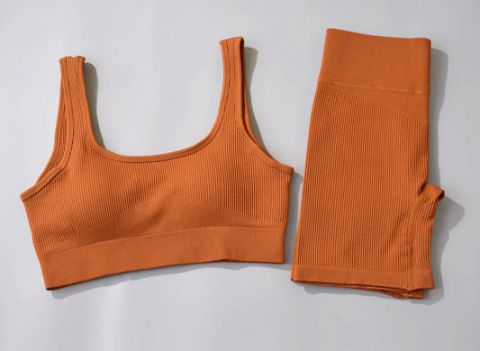 Seamless Ribbed Contour Shorts Set (Caramel) - Empress Fitt Co.